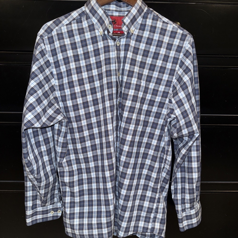 Southern Proper Men's Traditional Fit Plaid Button Down Shirt Blue‎ Brown Medium